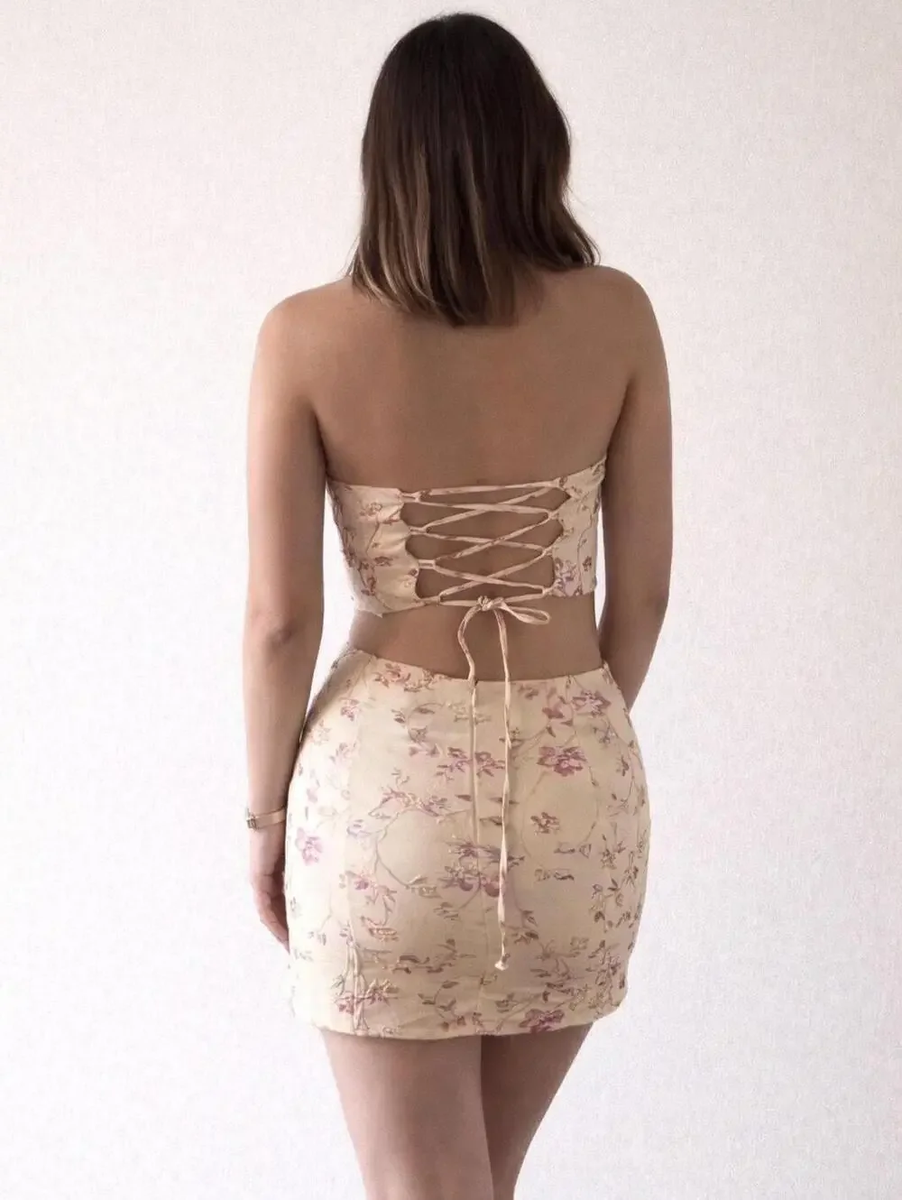 Bershka Corset Set M Floral Mini Skirt Coquette TikTok Lace Up NWT S Summer